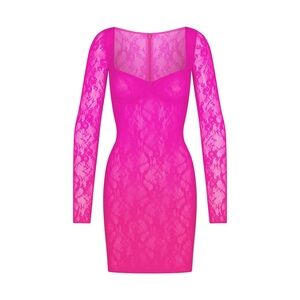 NWT Skims Stretch Lace Long Sleeve Underwire Neon Pink Barbie Dress